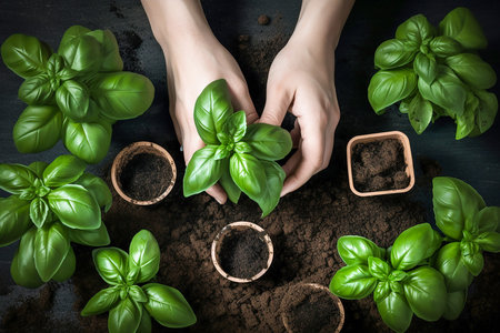 Woman planting basil, overhead photo, Generative AIの素材