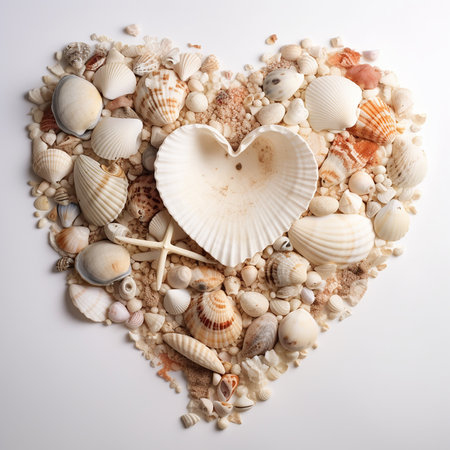 Heart shape composition of sea shells and starfishes, flatlay, Generative AIの素材