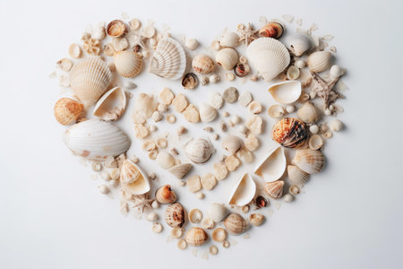 Heart shape composition of sea shells on white background, flatlay, Generative AIの素材
