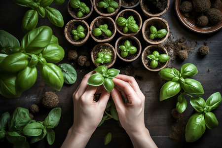 Woman hands planting basil, top view, Generative AIの素材