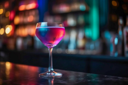 Bright cocktail on the bar counter, blurred bar background, Generative AIの素材