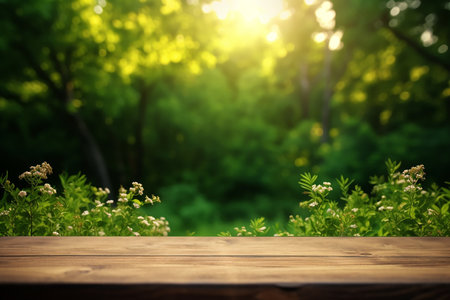 Wooden table in a garden, green grass and summer wildflowers background, Generative AIの素材