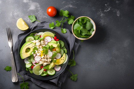 Salad ketogenic on a gray background, copyspace, top view, Generative AIの素材