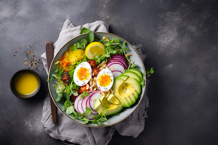 Salad ketogenic on a gray background, copyspace, top view, Generative AIの素材