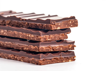 Stack of broken chocolate bars on white background, copy space, Generative AIの素材