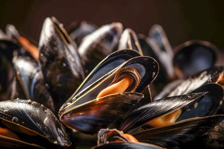 Cooked mussels closeup ready to eat, Generative AIの素材