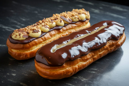 Cake eclair glazed with black and white chocolate cream, closeup, Generative AIの素材