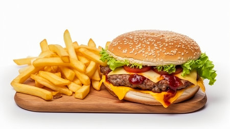Burger and french fries on the wooden board, Generative AIの素材