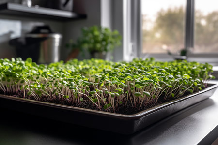 Sprouts of microgreens growing in the kitchen, closeup, Generative AIの素材