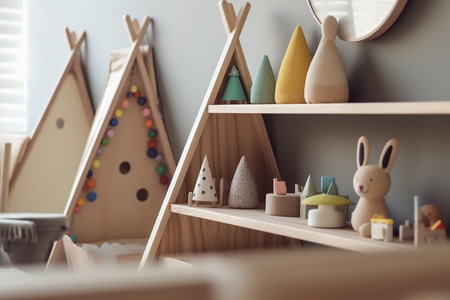 Kid room interior, shelves with wooden toys, respect for the environment concept, Generative AIの素材