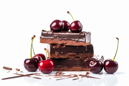 Stack of chocolate bar pieces with cherry, side view, Generative AIの素材