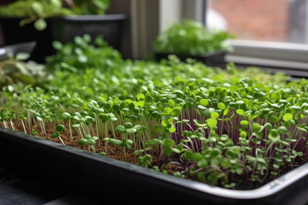 Sprouts of microgreens growing in the kitchen, closeup, Generative AIの素材