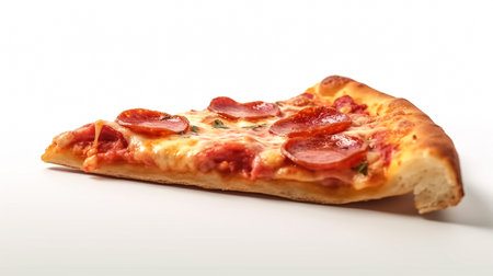 Slice of pizza closeup isolated on white background, side view, Generative AIの素材