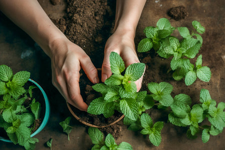 Woman planting mint, overhead photo, Generative AIの素材