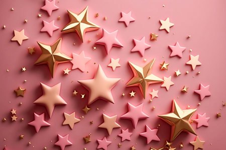 Golden and pink star shape different sizes confetti on the pink background, Generative AIの素材