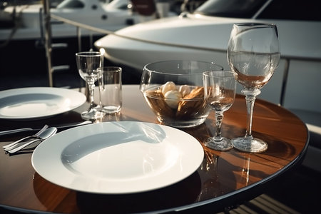 Table served on a luxury yacht in a port, minimalism, Generative AIの素材