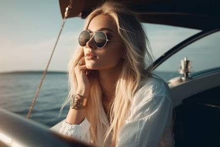 Young beautiful blonde woman relaxing on a yacht, Generative AIの素材