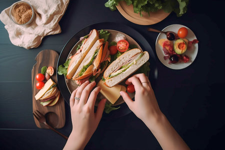 Woman making sandwich with ham, cheese, tomatoes and salad leaves, top view, Generative AIの素材