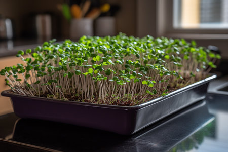 Sprouts of microgreens growing in the kitchen, closeup, Generative AIの素材