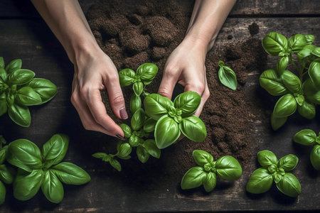 Woman planting basil, flatlay, Generative AIの素材