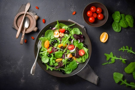 Green salad leaves, cherry tomatoes and olives salad, top view, Generative AIの素材