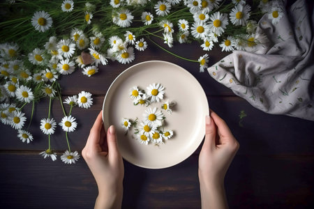 Woman's hands holding a white plate with camomile flowers on the dark background, concept of camomile beneficial properties, phytotherapy, Generative AIの素材