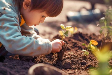 Cute little asian child planting in the garden, Generative AIの素材