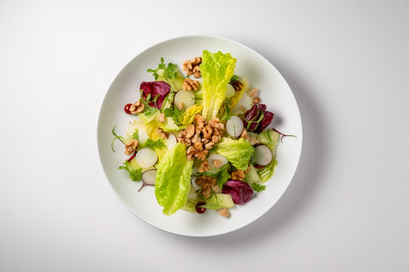 Green salad leaves, sucrine, radish slices and nuts salad, top view, white background, Generative AIの素材