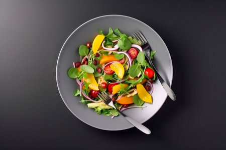 Green salad, cherry tomatoes, mango fruit salad, top view, Generative AIの素材