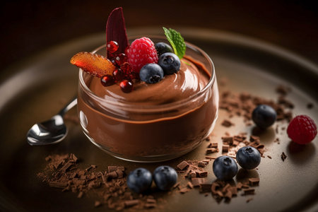 Chocolate mousse decorated with raspberries, blueberries and mint leaves, Generative AIの素材