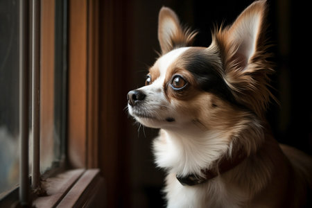 Small dog waiting for his master near a window, Generative AIの素材