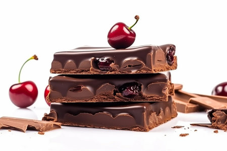 Stack of dessert chocolate bar pieces with cherry, Generative AIの素材