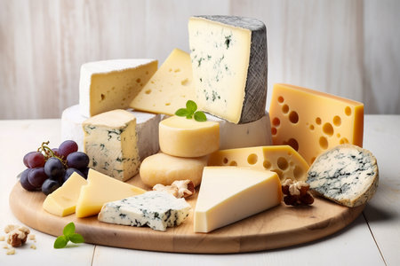Wooden board with cheese and grapes on white background, Generative AIの素材