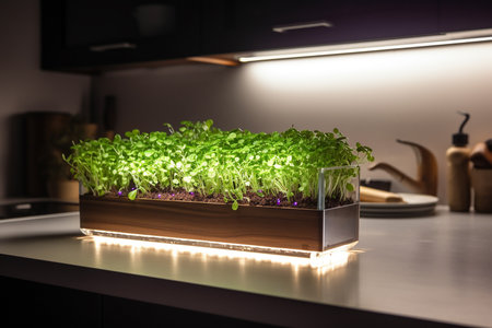 Sprouts of microgreens growing in the kitchen with artificial light, closeup, Generative AIの素材