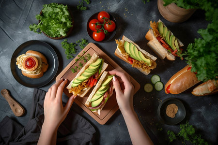 Woman making sandwich with avocado, bacon and tomatoes, top view, Generative AIの素材
