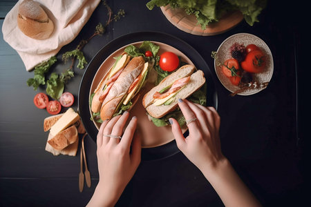 Woman making sandwich with ham, tomatoes and salad leaves, top view, Generative AIの素材