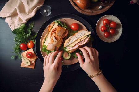 Woman making sandwich with ham and tomatoes, top view, Generative AIの素材