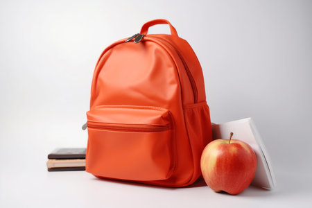 Orange schoolbag with an apple on white background, Generative AIの素材