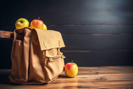 Textile schoolbag with yellow apples on the wooden table, copyspace, Generative AIの素材