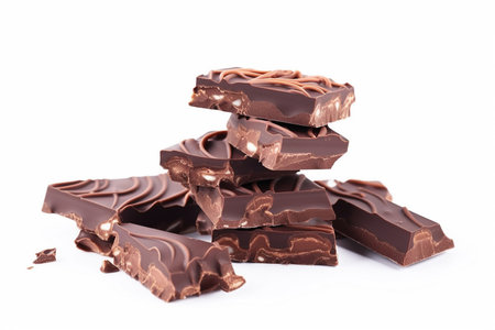 Stack of broken chocolate bars with nuts pieces on white background, Generative AIの素材