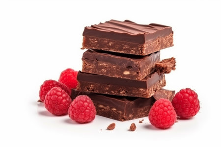 Stack of milk chocolate bar pieces with raspberries, Generative AIの素材