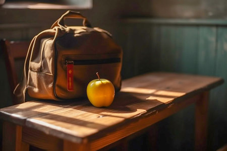 Brown schoolbag with an apple on the wooden table of the class, copyspace, Generative AIの素材