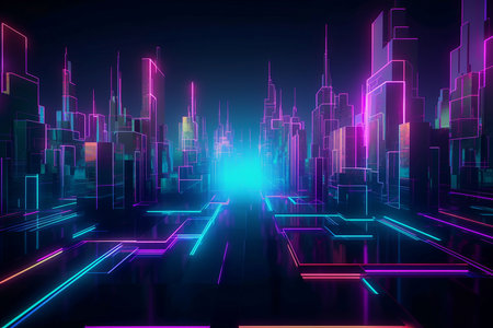 Imaginary futuristic city in neon colors, Generative AIの素材