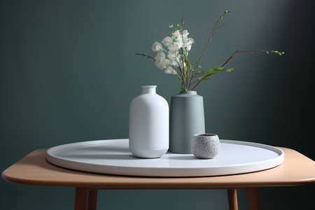 Gray ceramic interior decorative vases on a wooden table, Generative AIの素材