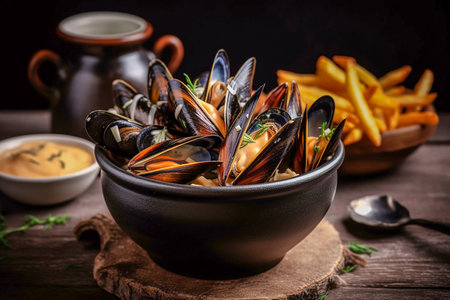 Bowl of mussels served with french fries, closeup, Generative AIの素材