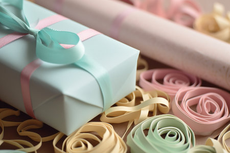Pastel green mint decorated giftbox on the decorative objects, closeup, Generative AIの素材