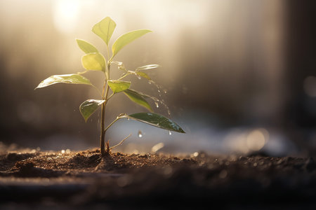 Seedling growing under the rain, Generative AIの素材