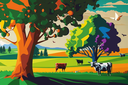 Rural scene with meadows, trees and cows, drawing, Generative AIの素材
