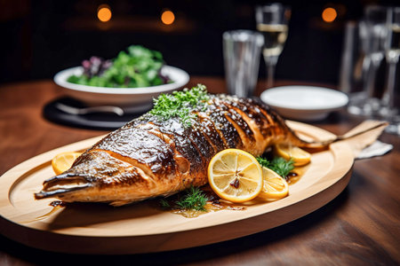 Whole grilled fish served with a lemon, Generative AIの素材