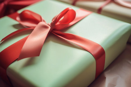 Light green gift box with red ribbon, closeup, Generative AIの素材